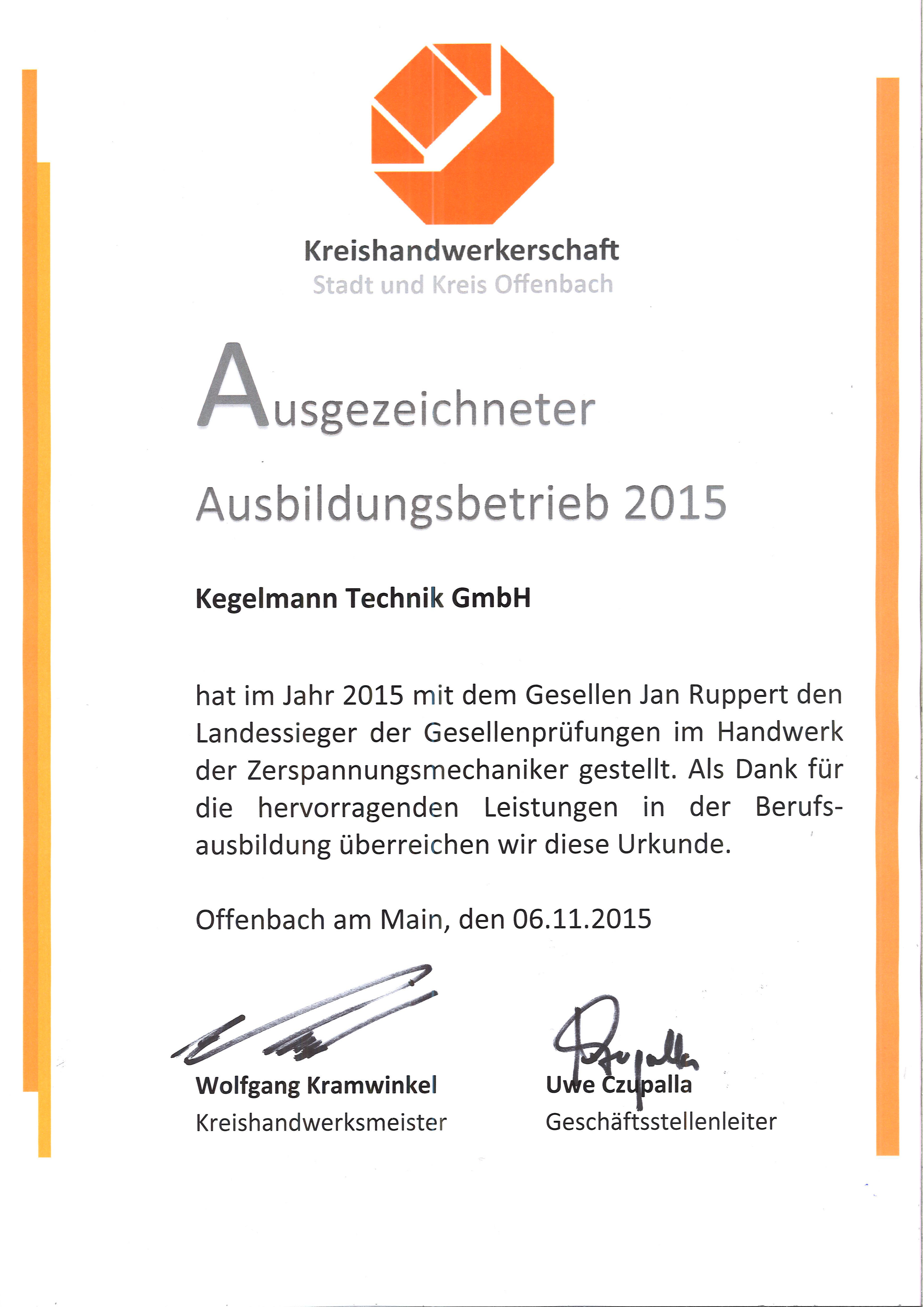 KegelmannTechnik_AuszeichnungAusbildungsbetrieb_Kreishandwerkschaft_2015